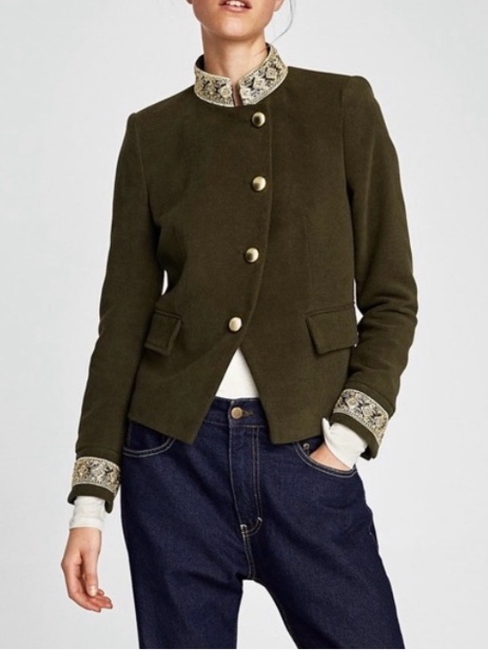Zara Jackets & Blazers - Zara Velvet Olive Green Gold Trim Military Style Jacket - XS